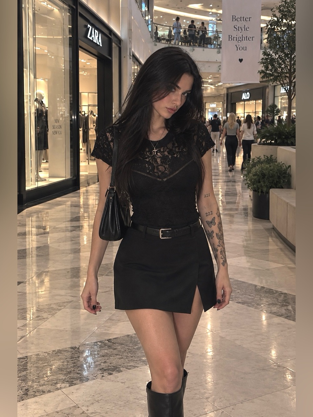 Women’s Gothic Lace Floral Detailed Short Sleeve Essential Stylish Tee Shirt